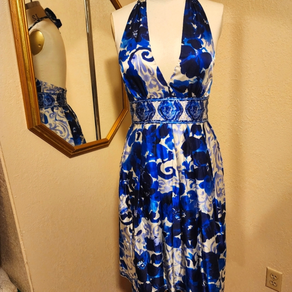 Blue and white silk dress